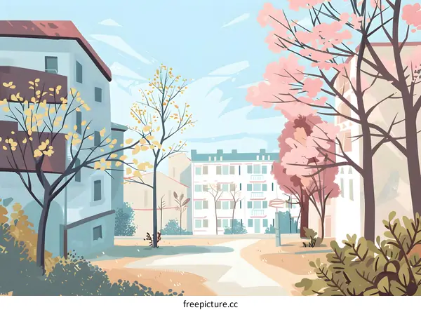Springtime in the City, a Beautiful and Colorful Illustration