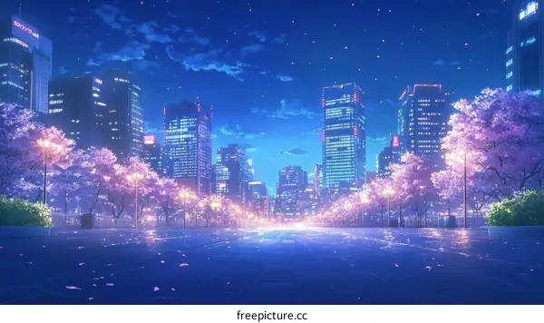 Anime Night City with Cherry Blossoms
