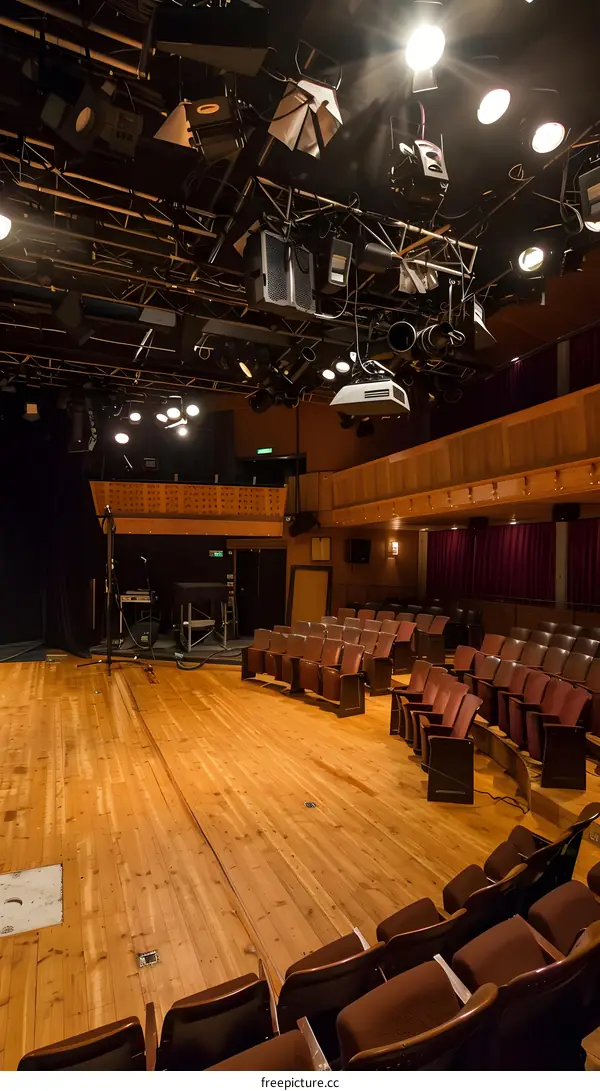 Empty Stage with Wooden Floor and Red Seats