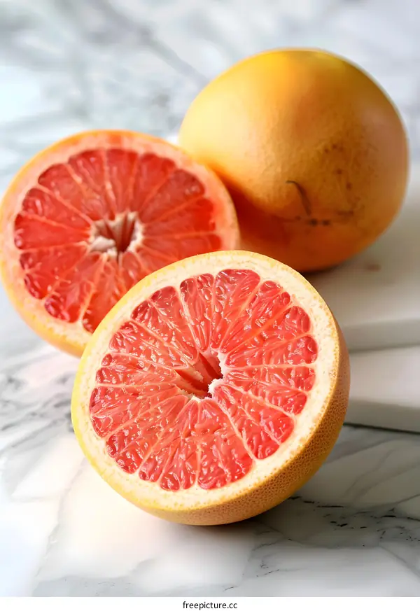 Freshly Cut Pink Grapefruit on White Marble Surface