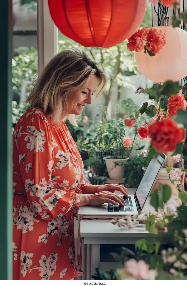 Woman Working On Laptop In Flower Shop
