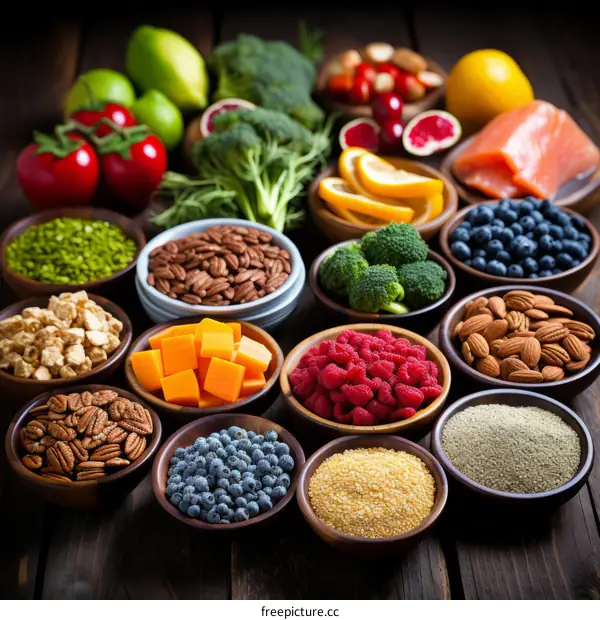 A variety of healthy food including fruits, vegetables, nuts, and seeds