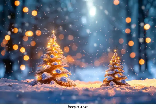 Two Christmas trees in the snow