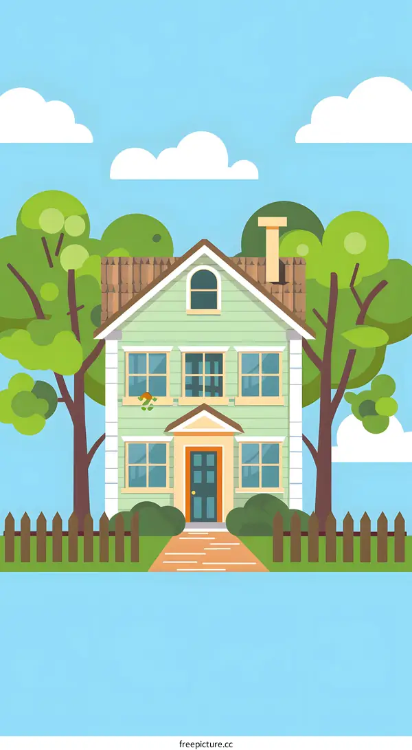 Green House with White Trim and a Wooden Fence