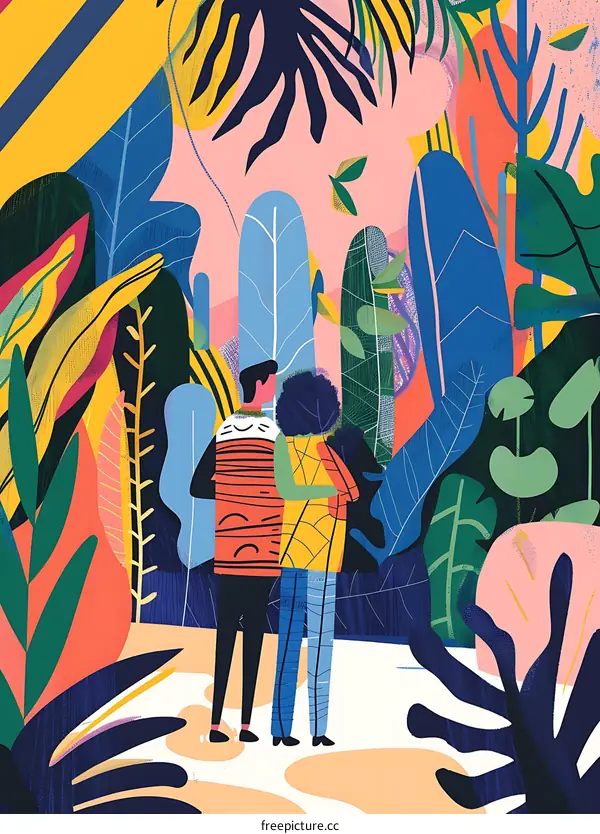 Two People Standing in Front of Colorful Jungle Leaves Illustration