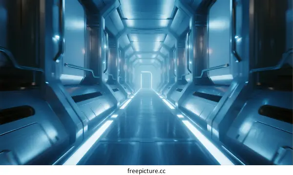 Futuristic Corridor with Blue Lighting and Metallic Walls in Sci-Fi Setting