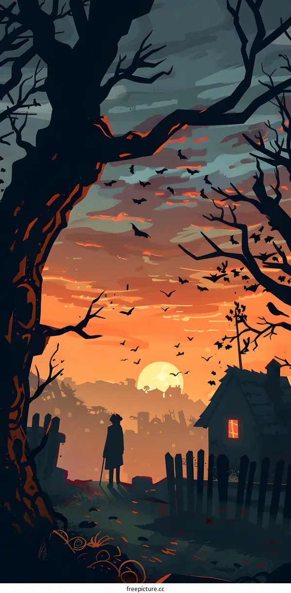 Silhouette of a Person Standing in Front of a House in a Forest at Sunset