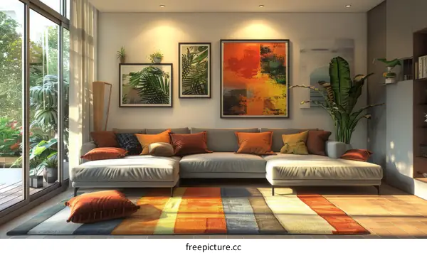 Modern Living Room with Large Windows and Colorful Artwork
