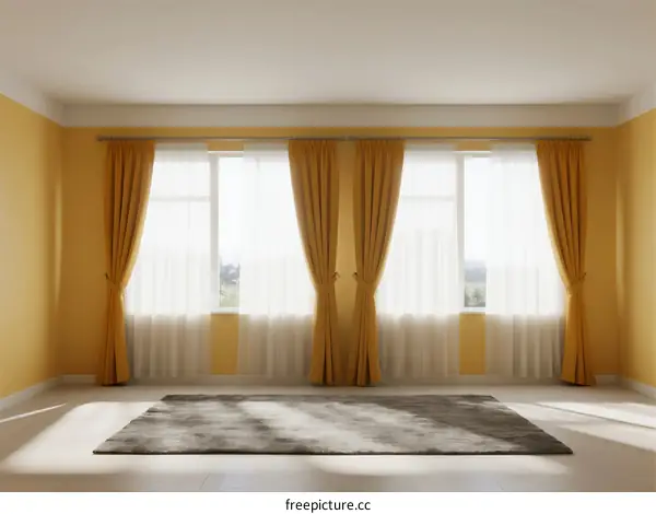 Brightly lit room with large windows and yellow curtains