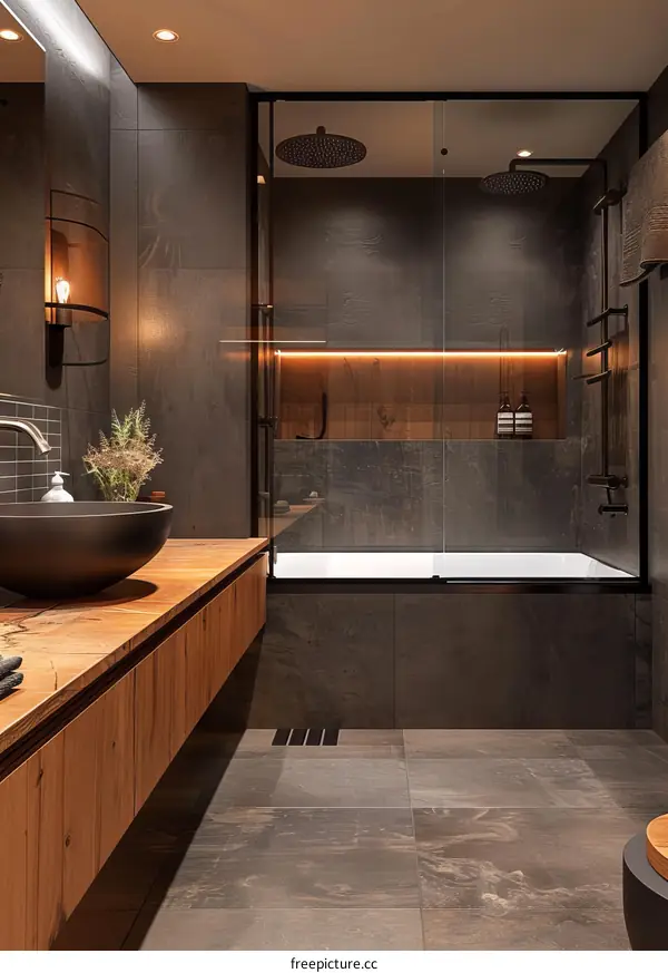 Modern Bathroom Design with Warm Wood and Black Accents