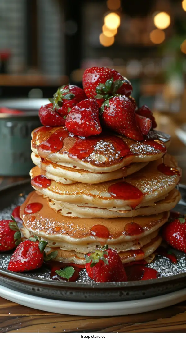 A stack of pancakes with strawberries and syrup