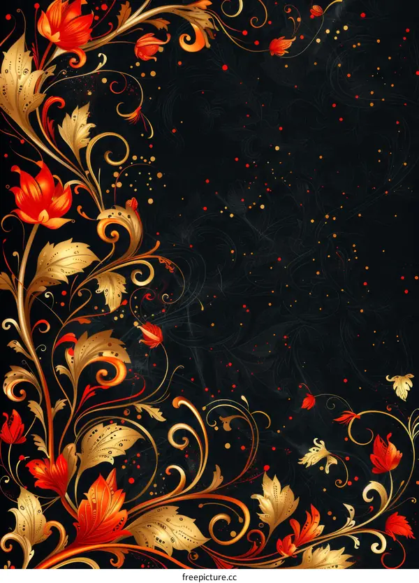 red and gold floral ornament on black background