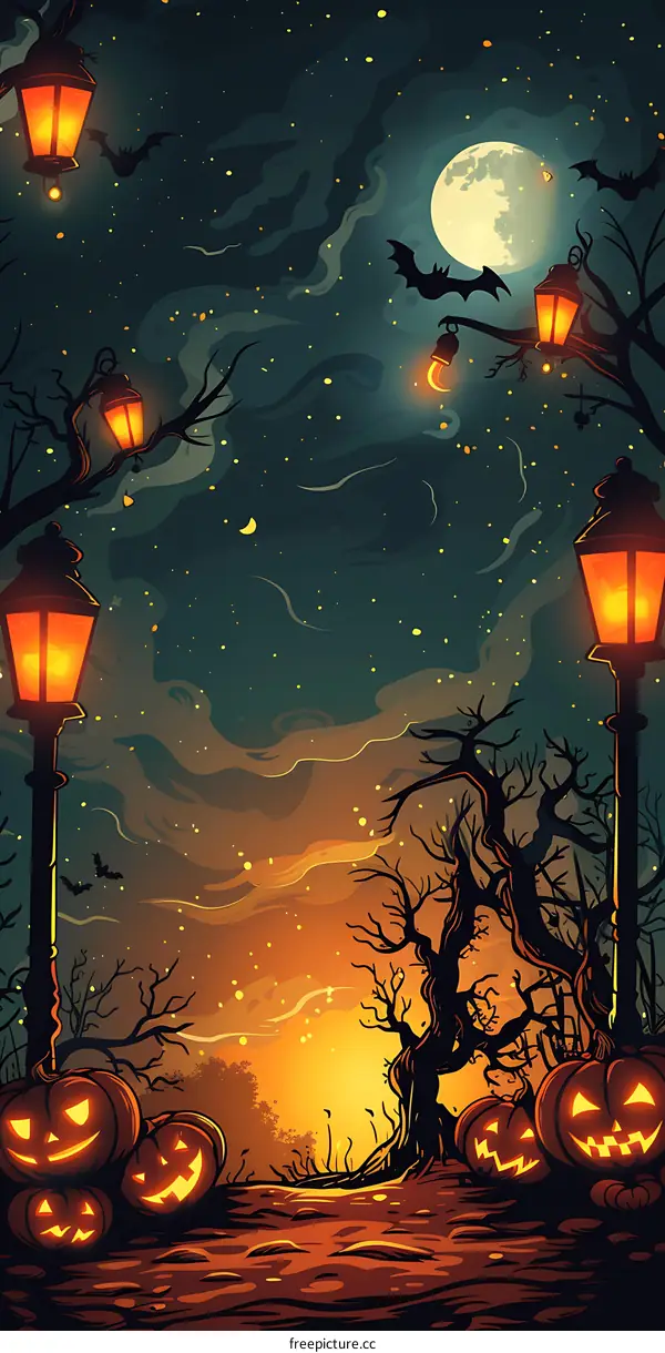 Halloween Night With Pumpkins And Lanterns