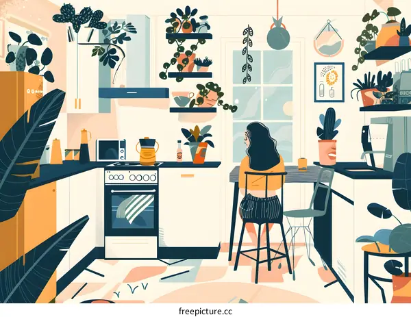 Woman Sitting in Kitchen with Plants