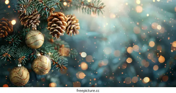 Christmas tree with golden balls and pine cones