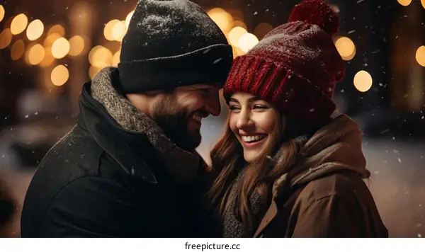A Smiling Couple Wearing Winter Hats Embracing Each Other Outside in the Snow
