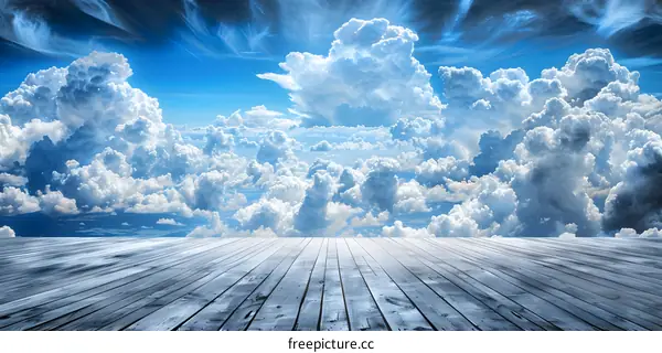 White Clouds Blue Sky Wooden Floor