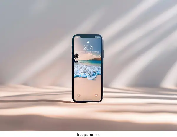 Black Smartphone with Tropical Beach Wallpaper on Sand Background