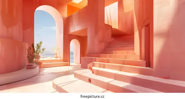 Modern Minimalist Architectural Interior Design with Pink Walls and Arched Windows
