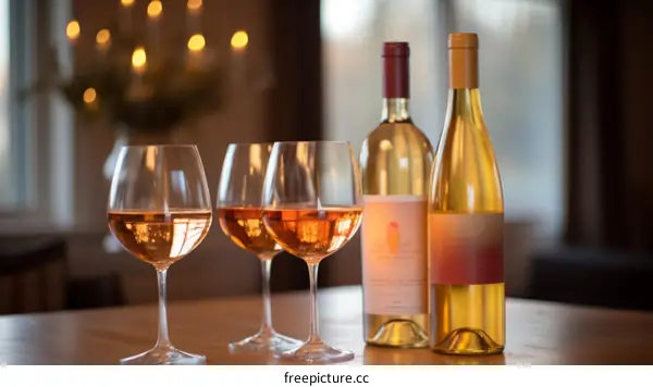 Three glasses of rose wine and two bottles of white wine on a wooden table