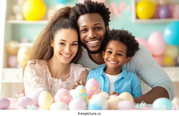 Happy Easter Family Portrait with Painted Eggs