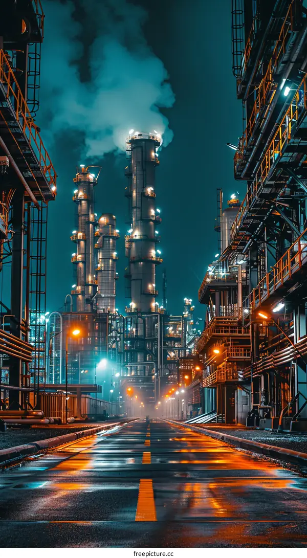 An industrial zone with many factories and a long road in the center