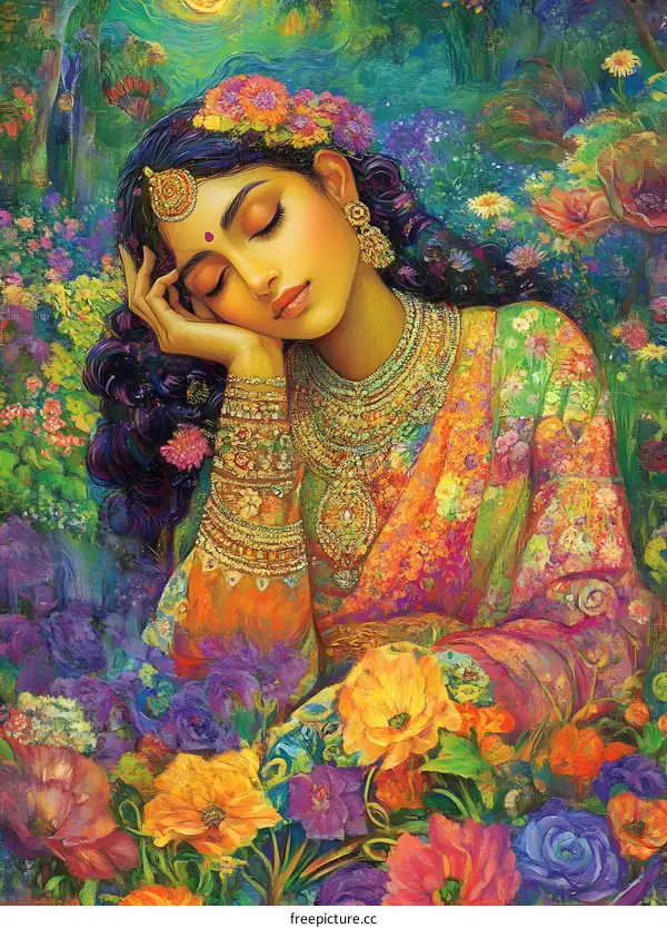 Sleeping Beauty in Flower Garden Illustration