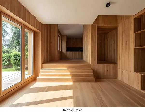 Modern Wooden House Interior Design With Large Window