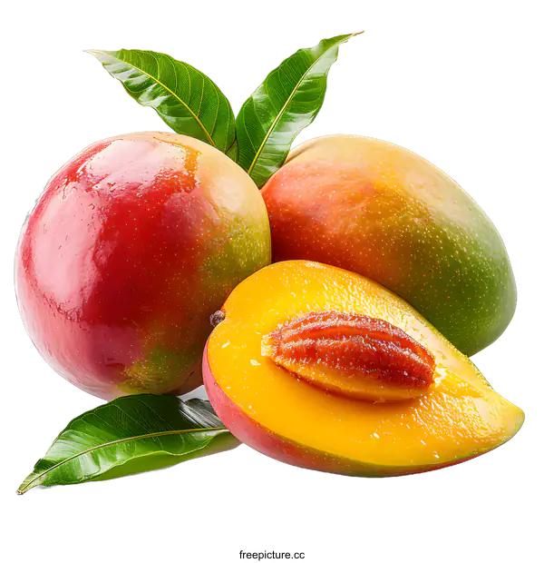 [Transparent Background PNG]Fresh mango fruits with leaves isolated on white background