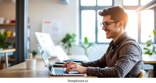 Smiling Man Working on Laptop in Office