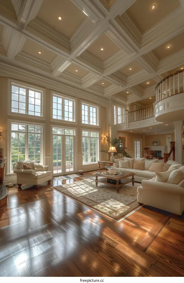 Modern Living Room with Coffered Ceiling and Gleaming Hardwood Floors