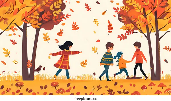 Family Walking Through Autumn Forest