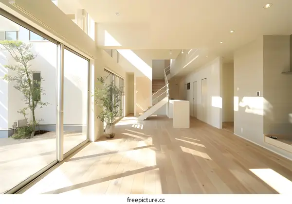 Modern Minimalist Interior Design Living Room with Wooden Floor and Staircase