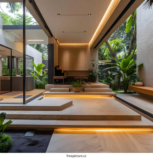 Modern Minimalist Patio With Stone Steps And Green Plants