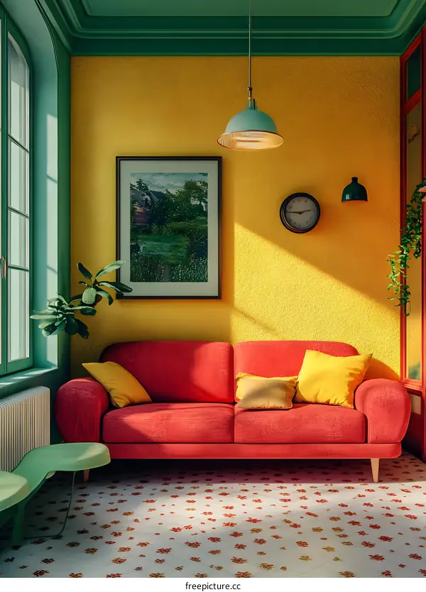 Red Couch Living Room with Yellow Wall, Green Trim, and Floral Tile Floor