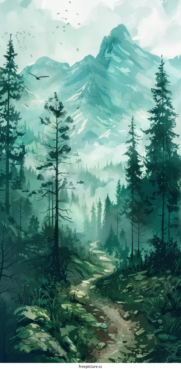 Misty Forest Path through the Mountains