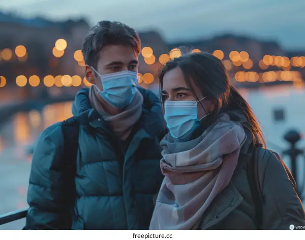 A masked couple gazes at the night view of a city