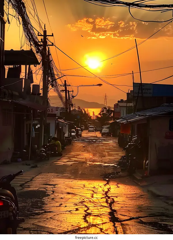 Sunset View of a Narrow Street in Asia