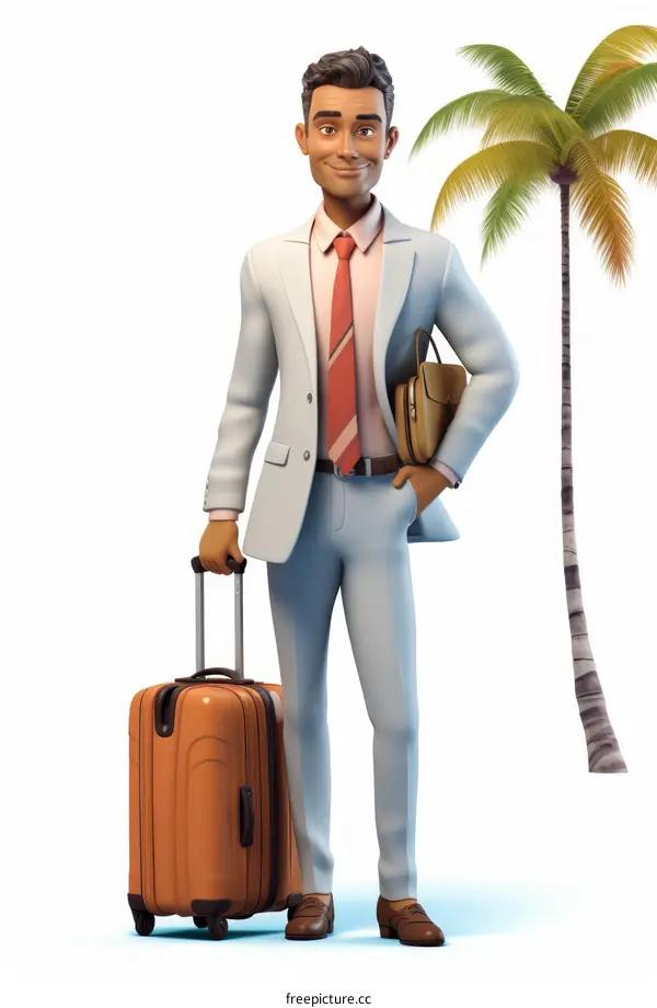 Businessman with luggage standing near palm tree