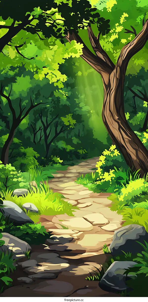 Green Forest Path with Sunlight and Rocks