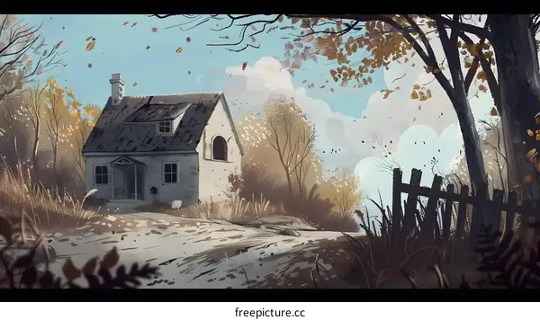 Small White Cottage in Autumn Landscape