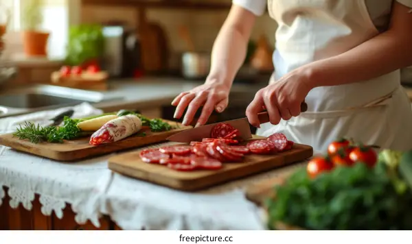 A Caucasian woman in an apron is slicing a dry sausage in a rustic kitchen.