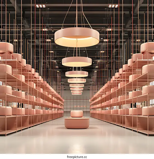 Minimalist Interior Design with Circular Shelving and Hanging Lights