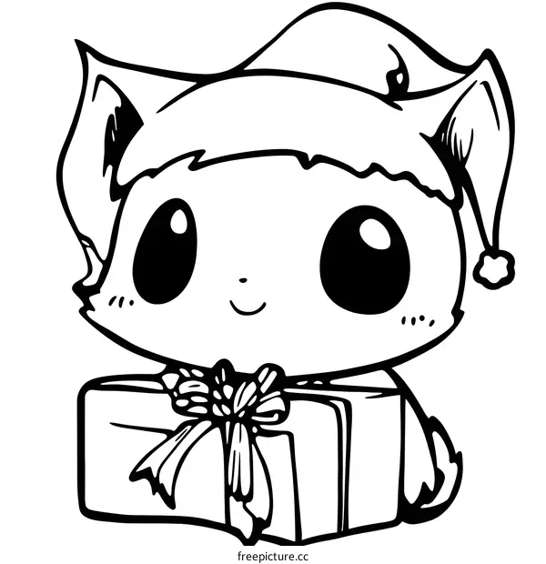 Cute Cartoon Cat Wearing Christmas Hat Holding Gift Box
