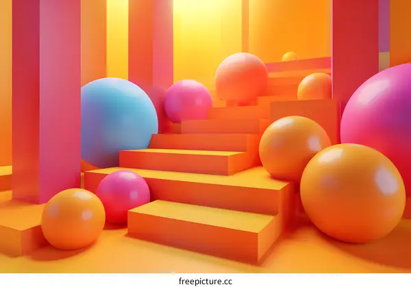 3D rendering of a surreal staircase with colorful balls