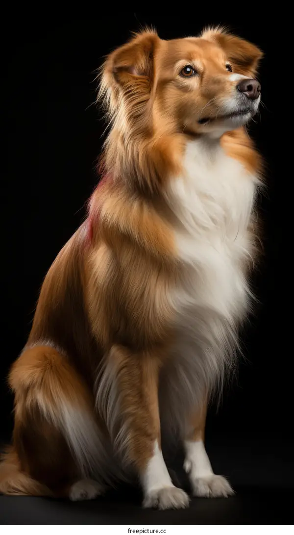 A Fluffy Collie Dog Sits Gracefully with a Black Background