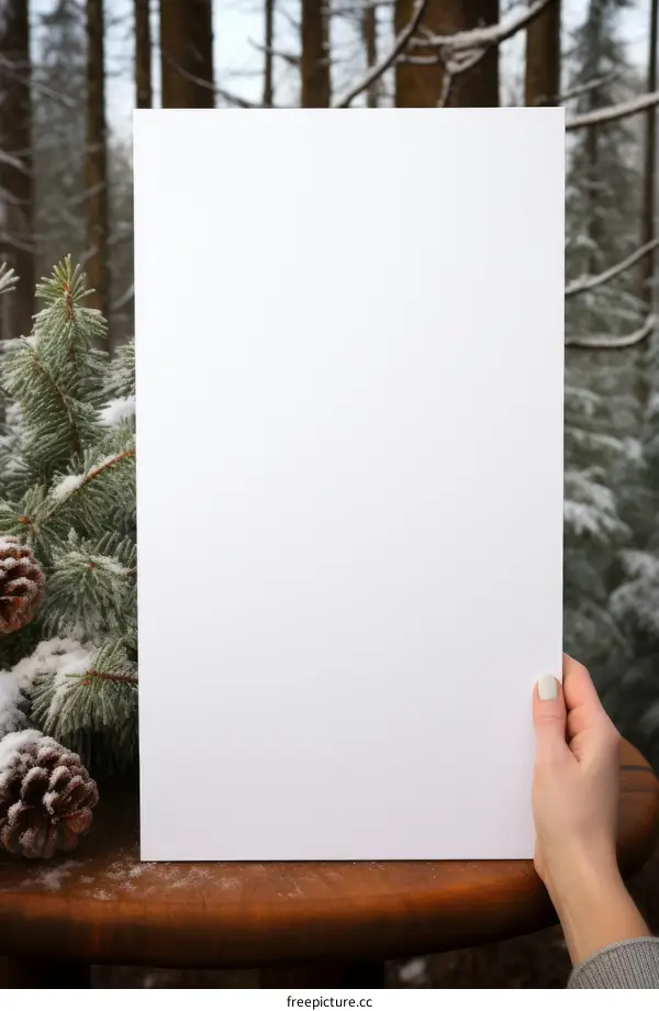 A hand holding a blank sheet of paper in a snowy forest