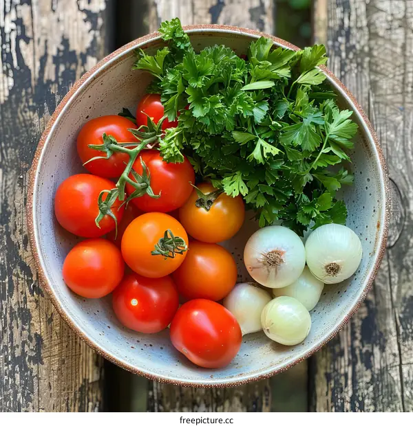 A bowl of tomatoes, shallots and parsley