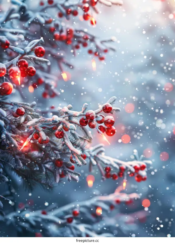 Snowy Christmas Tree with Red Berries