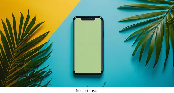 Smartphone with Green Screen on Yellow and Blue Background with Palm Leaves